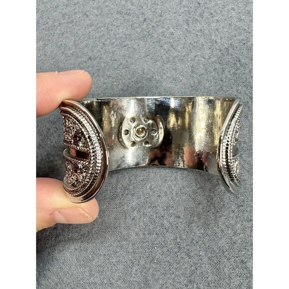 Vintage Art Deco Statement Cuff Bangle Bracelet Filigree Faux Pearl Silver Tone - Picture 6 of 8